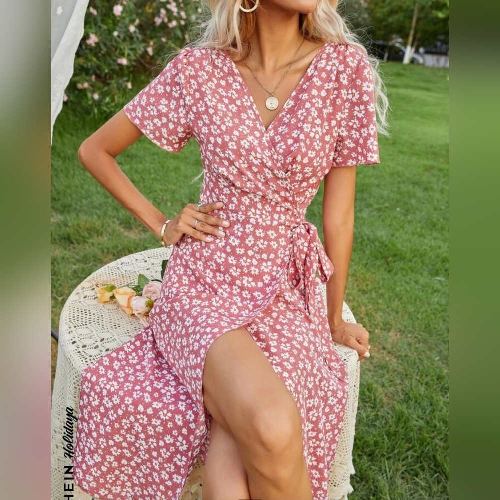Floral Pink Midi Wrap Dress - Size XS